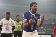 Chennaiyin FC co-owner Abhishek Bachchan exalts after his side's 3-0 victory.